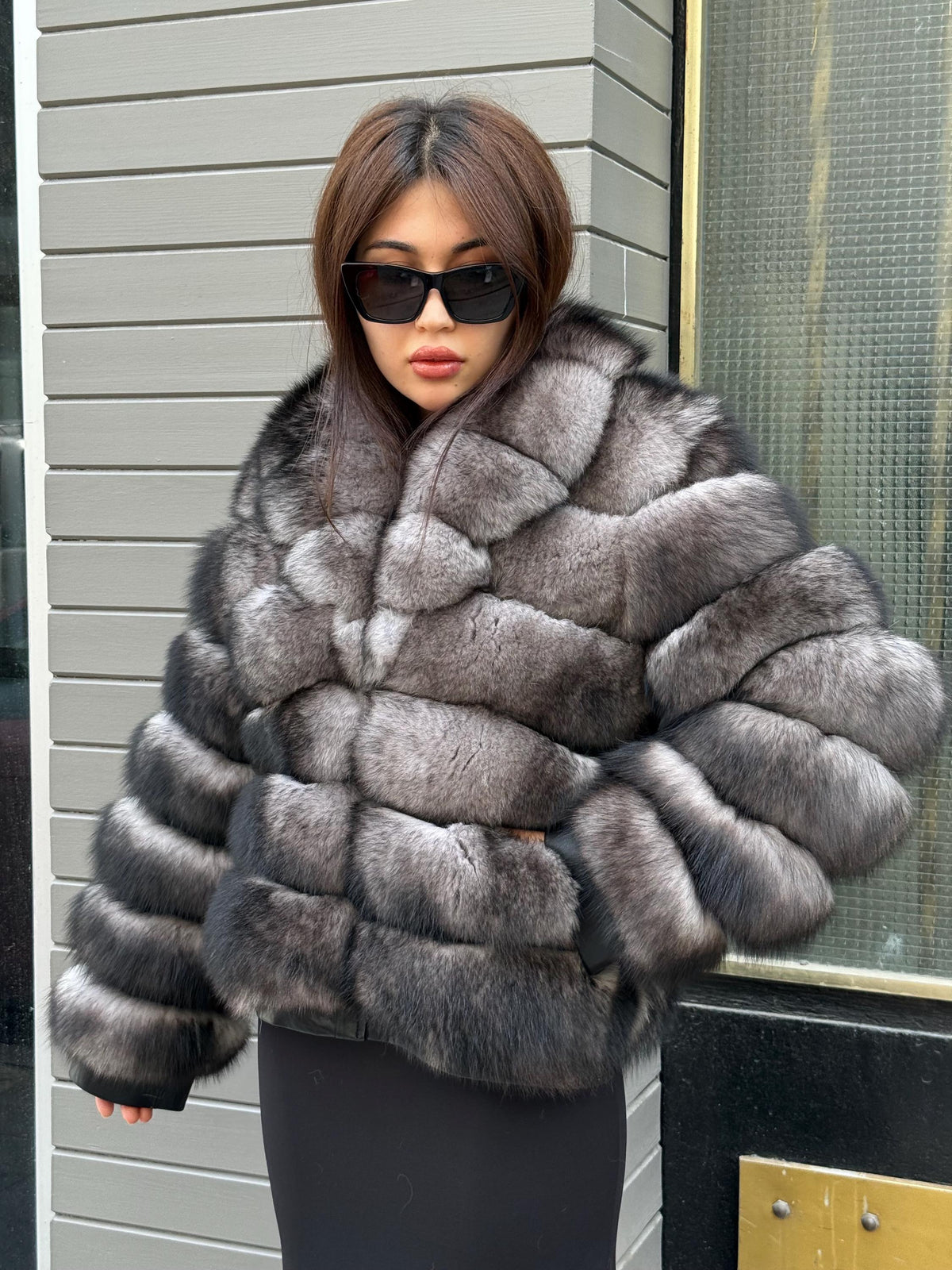 Women’s Gray Fox Fur Jacket, Luxury Handmade Short Fur Coat
