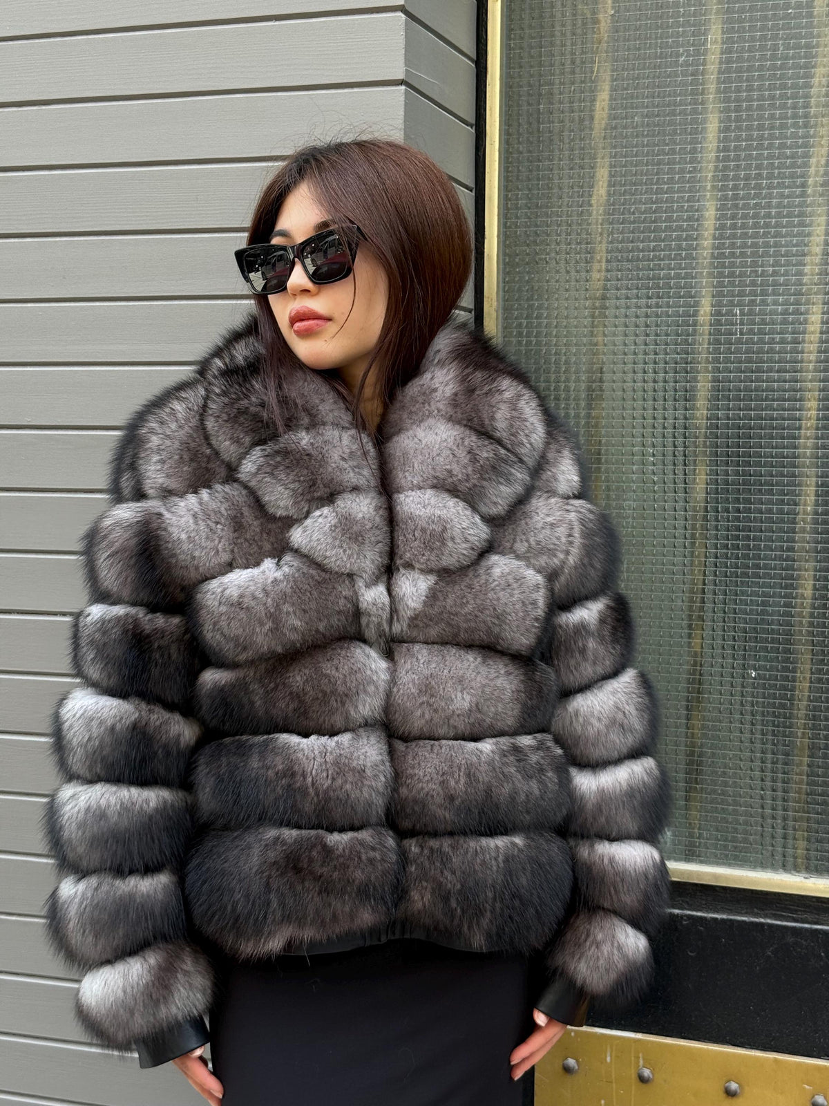 Women’s Gray Fox Fur Jacket, Luxury Handmade Short Fur Coat