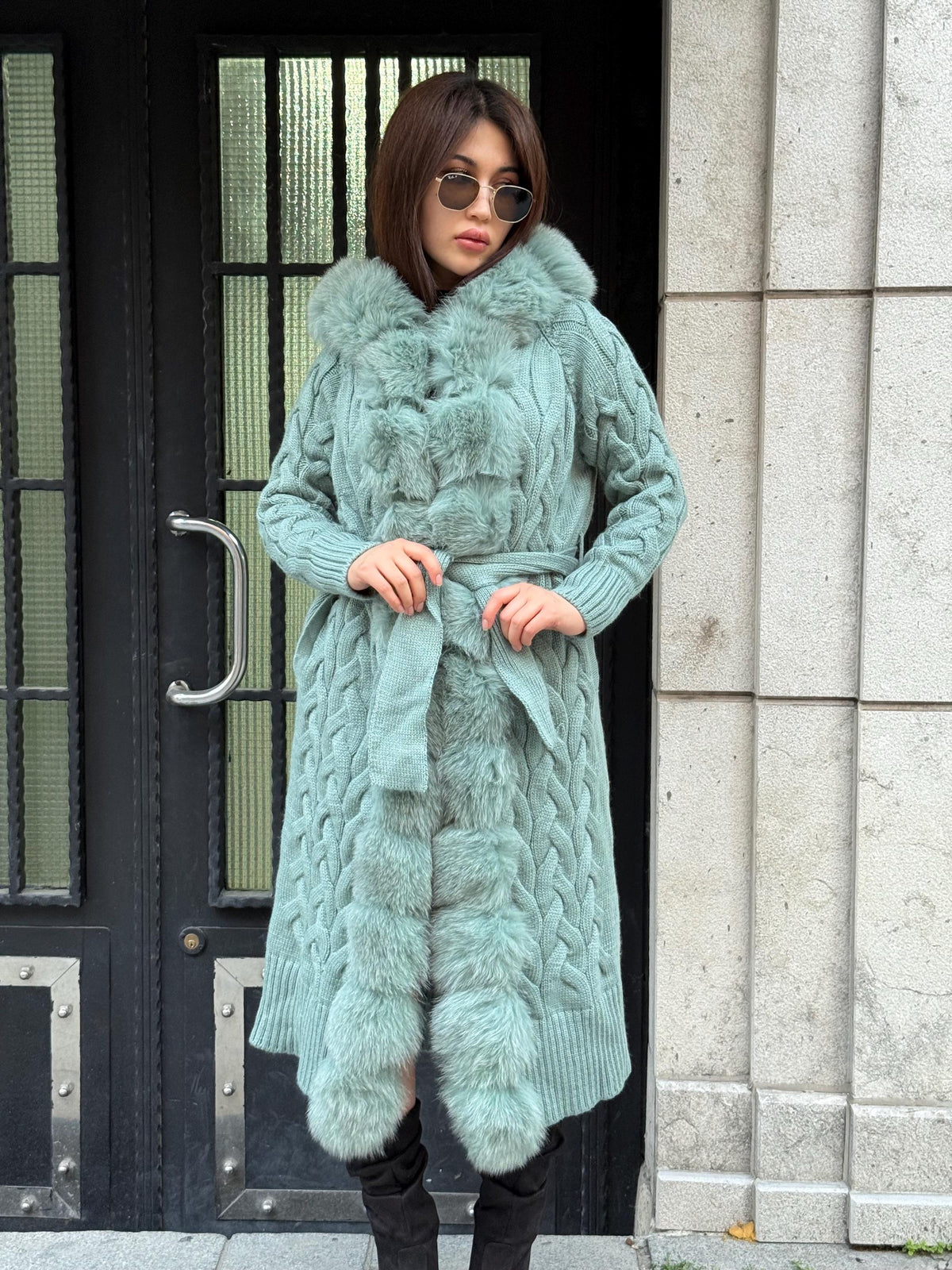 Handmade Women Luxury Knit Cardigan with Hood Front Real Fox Fur Trim Coat –Handcrafted Long Knitwear Coat – Elegant Outerwear for Women