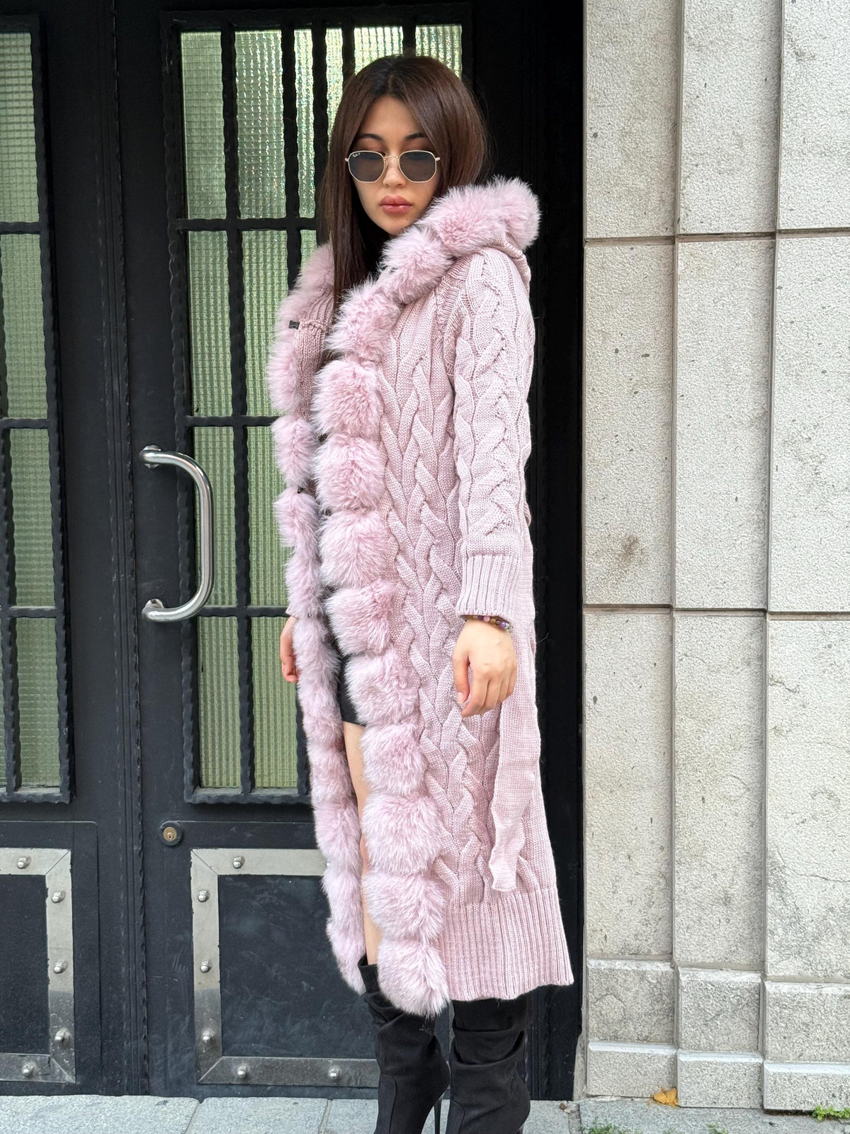 Handmade Women Luxury Knit Cardigan with Hood Front Real Fox Fur Trim Coat –Handcrafted Long Knitwear Coat – Elegant Outerwear for Women