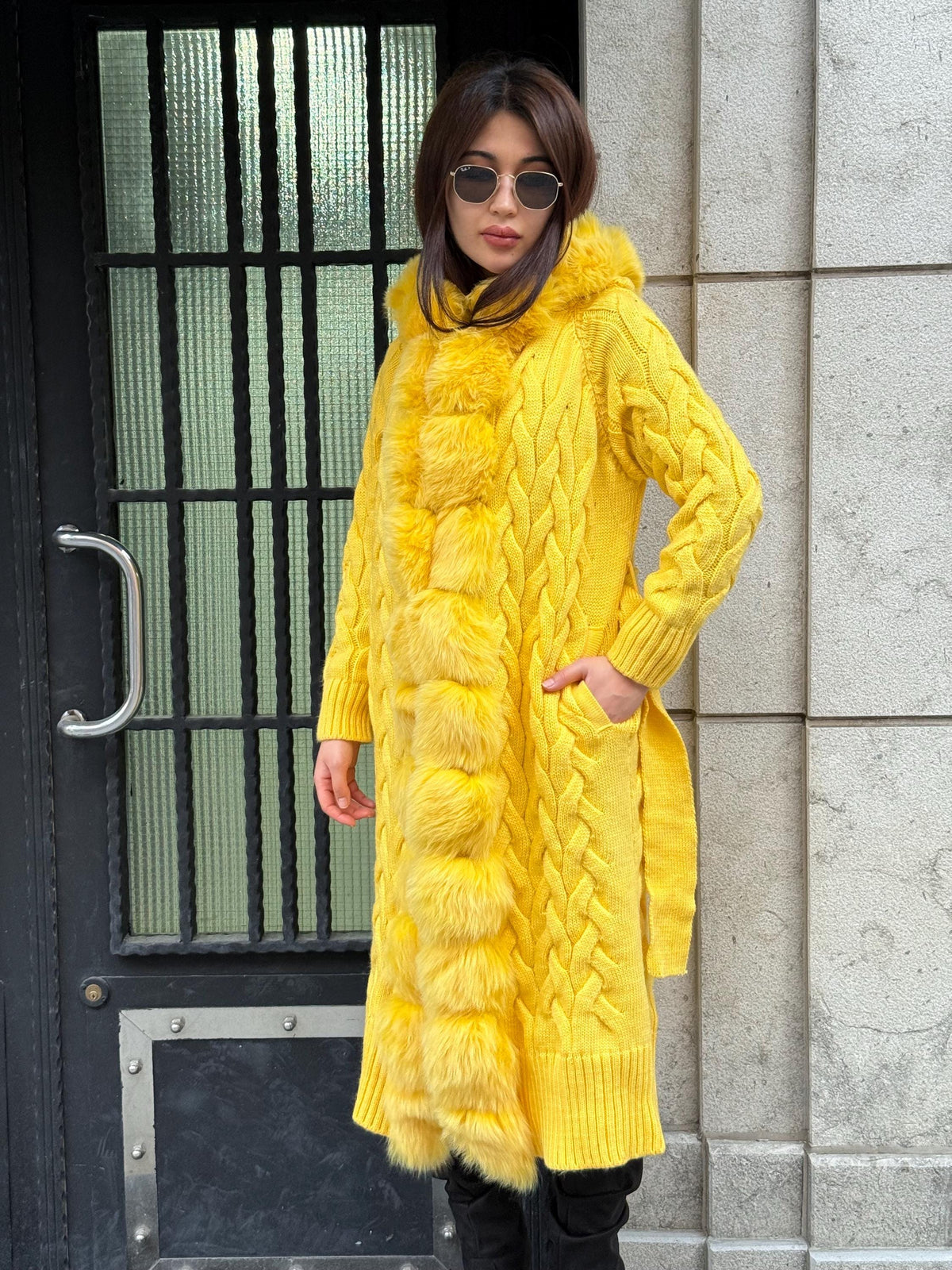 Handmade Women Luxury Knit Cardigan with Hood Front Real Fox Fur Trim Coat –Handcrafted Long Knitwear Coat – Elegant Outerwear for Women