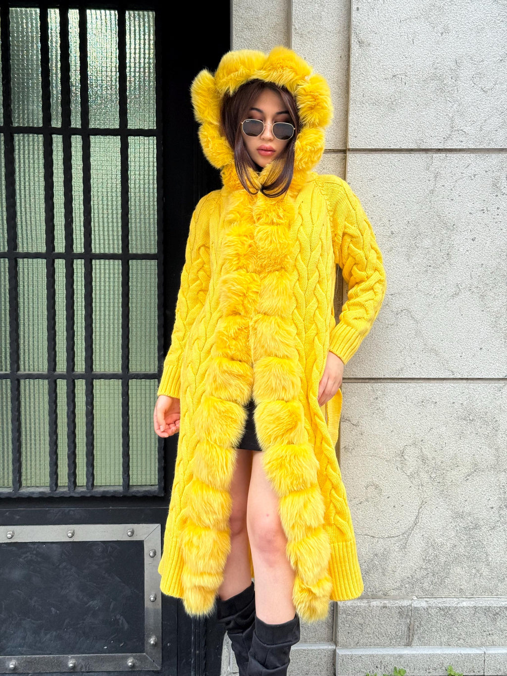 Handmade Women Luxury Knit Cardigan with Hood Front Real Fox Fur Trim Coat –Handcrafted Long Knitwear Coat – Elegant Outerwear for Women