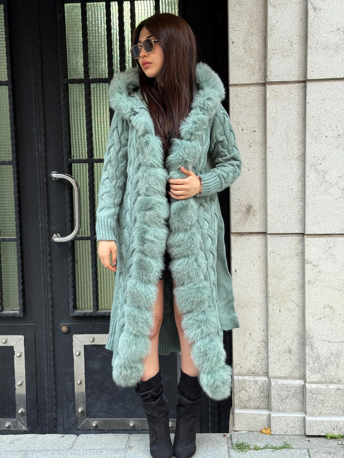 Handmade Women Luxury Knit Cardigan with Hood Front Real Fox Fur Trim Coat –Handcrafted Long Knitwear Coat – Elegant Outerwear for Women