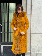 Handmade Women Luxury Knit Cardigan with Hood Front Real Fox Fur Trim Coat –Handcrafted Long Knitwear Coat – Elegant Outerwear for Women