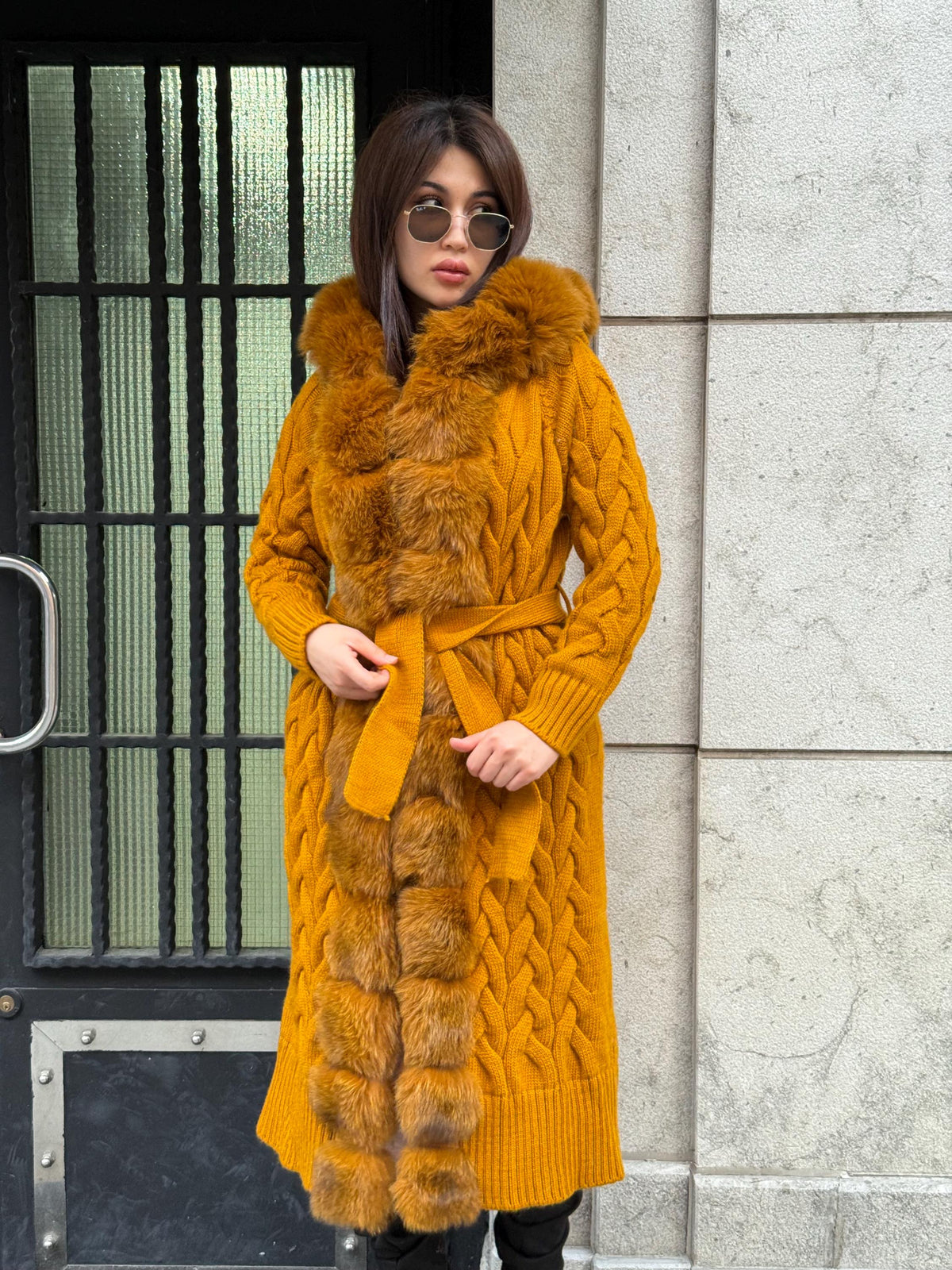 Handmade Women Luxury Knit Cardigan with Hood Front Real Fox Fur Trim Coat –Handcrafted Long Knitwear Coat – Elegant Outerwear for Women