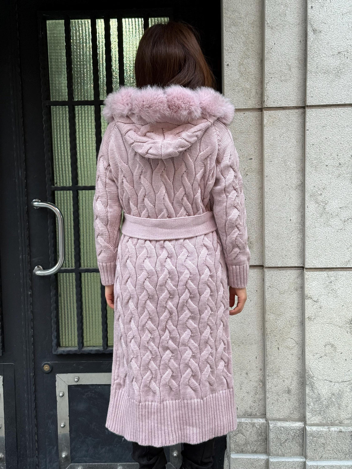 Handmade Women Luxury Knit Cardigan with Hood Front Real Fox Fur Trim Coat –Handcrafted Long Knitwear Coat – Elegant Outerwear for Women