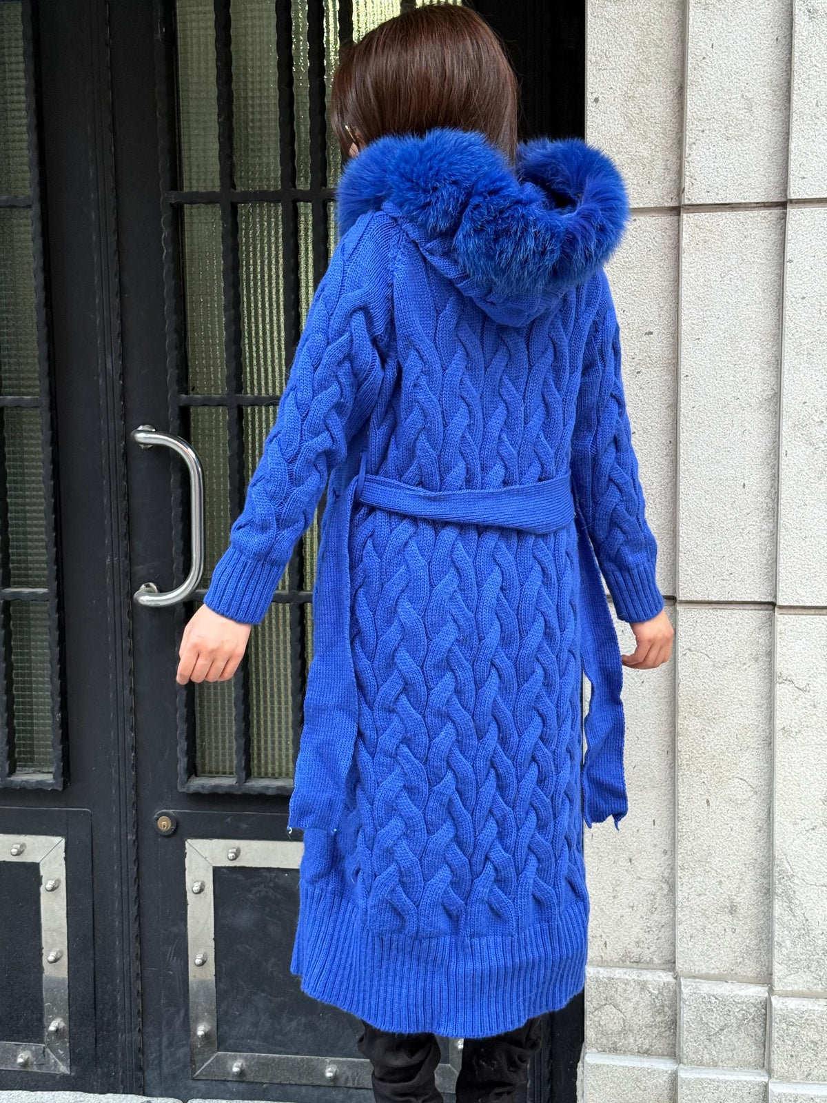 Handmade Women Luxury Knit Cardigan with Hood Front Real Fox Fur Trim Coat –Handcrafted Long Knitwear Coat – Elegant Outerwear for Women