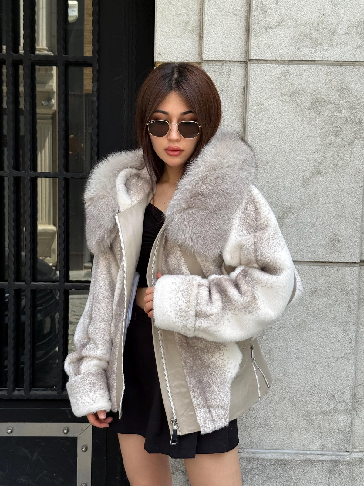 Beige Faux Mink Fur Jacket, Hood Fox Fur Jacket..- Women Fox Fur Jacket.. Fox Fur Jacket