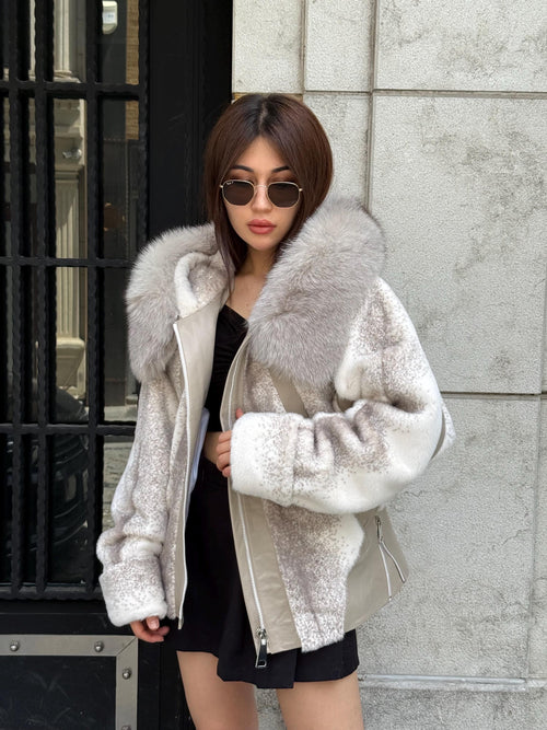 Beige Faux Mink Fur Jacket, Hood Fox Fur Jacket..- Women Fox Fur Jacket.. Fox Fur Jacket