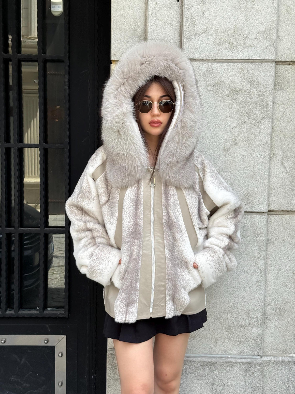 Beige Faux Mink Fur Jacket, Hood Fox Fur Jacket..- Women Fox Fur Jacket.. Fox Fur Jacket
