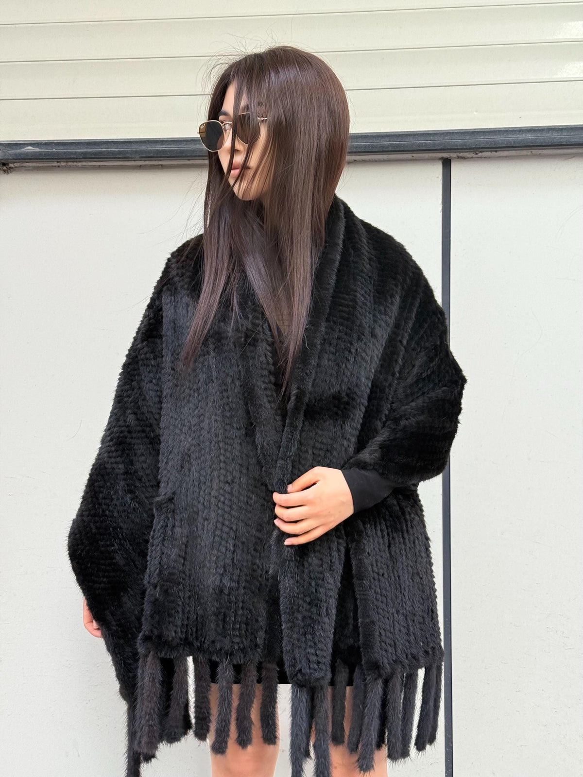 Black / Brown Real Mink Fur Shawl Cape with Fringe and Pockets – Luxury Winter Wrap Handmade Elegant Soft Genuine Fur Cloak Poncho