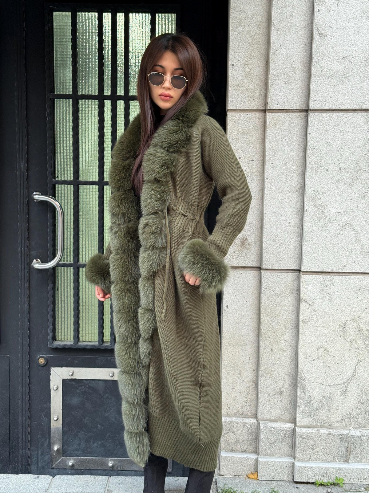 Khaki Handmade Women Luxury Knit Cardigan with Real Fox Fur Trim Coat –Handcrafted Long Knitwear Coat – Elegant Knit Outerwear for Women