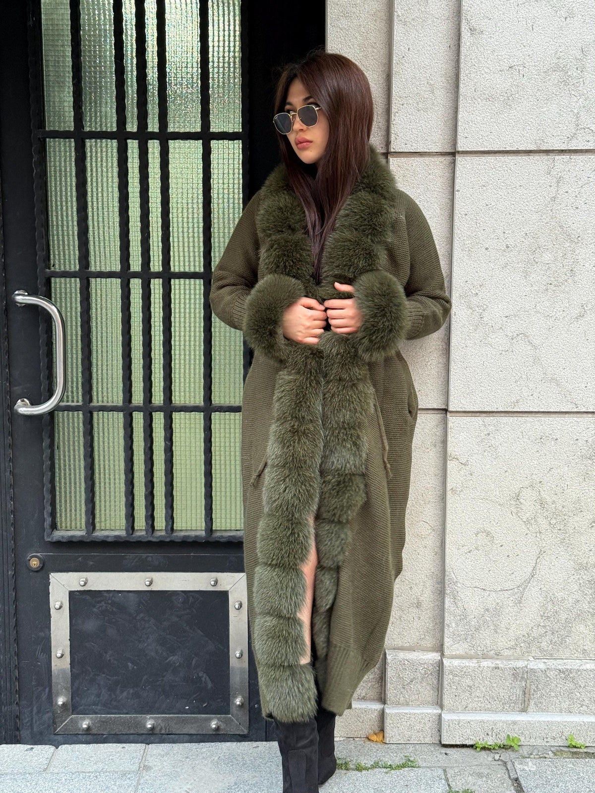 Khaki Handmade Women Luxury Knit Cardigan with Real Fox Fur Trim Coat –Handcrafted Long Knitwear Coat – Elegant Knit Outerwear for Women