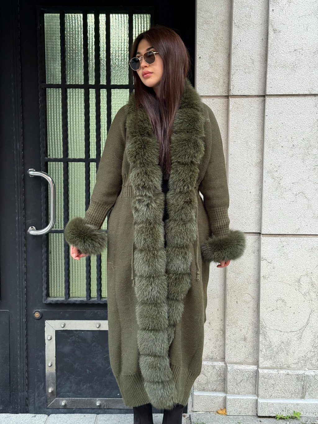 Khaki Handmade Women Luxury Knit Cardigan with Real Fox Fur Trim Coat –Handcrafted Long Knitwear Coat – Elegant Knit Outerwear for Women