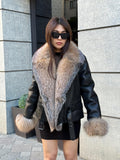 Black Women’s Shearling Coat, Handmade Lamb Short Front Fox Fur Jacket