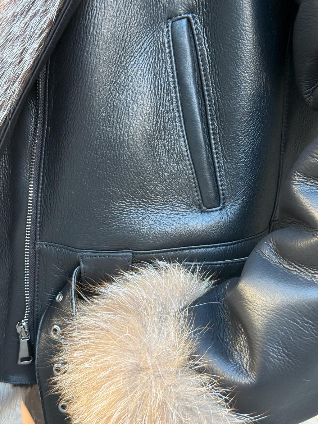 Black Women’s Shearling Coat, Handmade Lamb Short Front Fox Fur Jacket