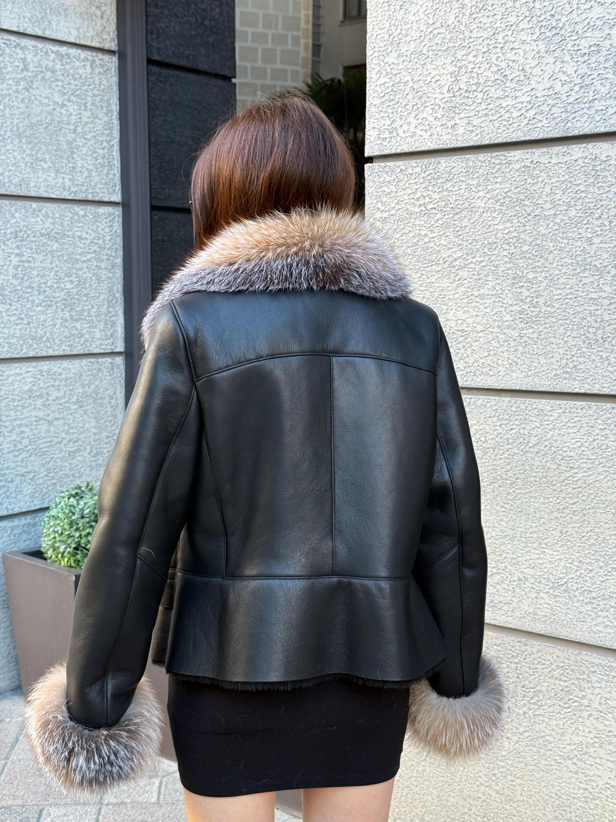 Black Women’s Shearling Coat, Handmade Lamb Short Front Fox Fur Jacket