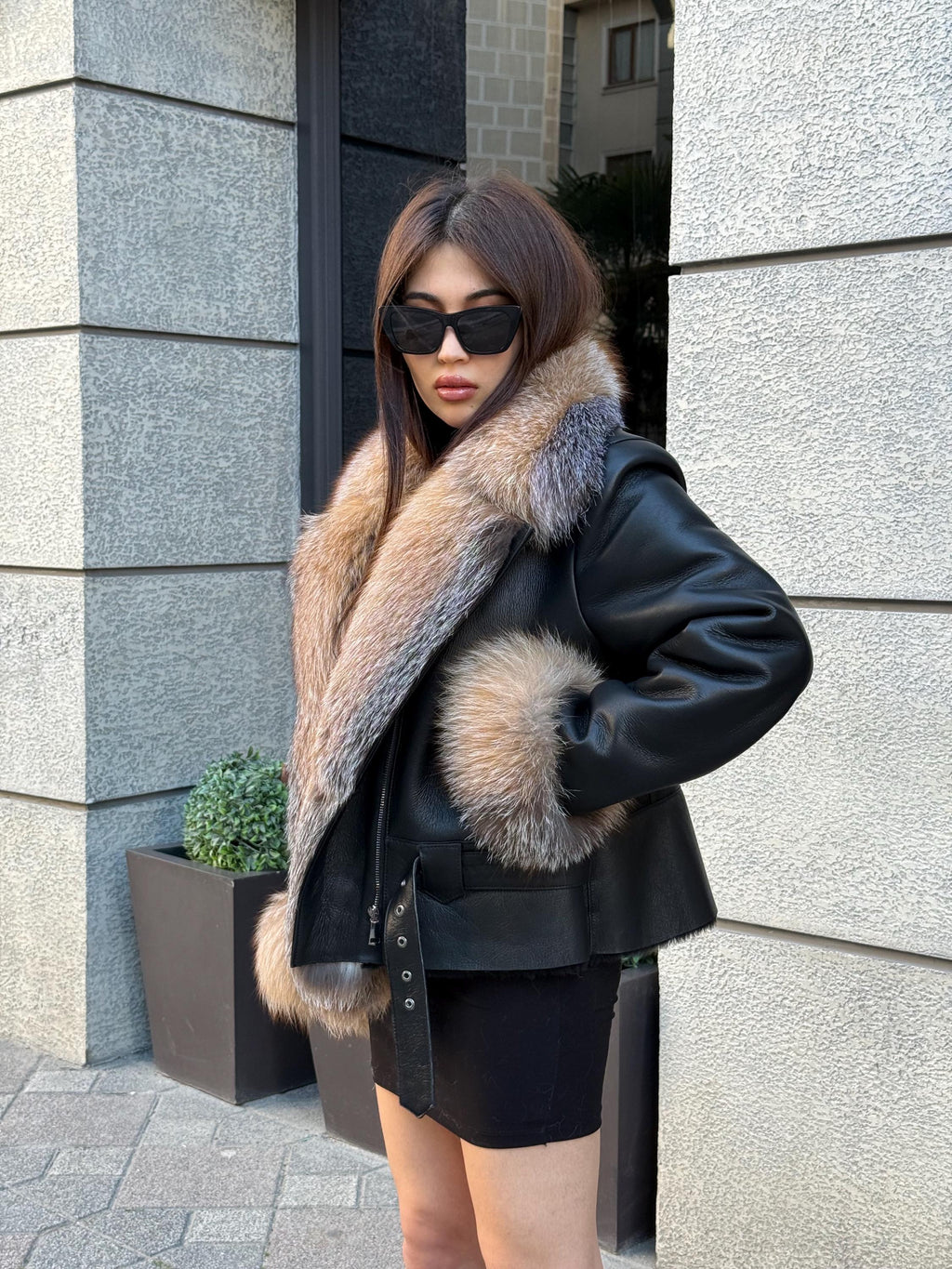 Black Women’s Shearling Coat, Handmade Lamb Short Front Fox Fur Jacket