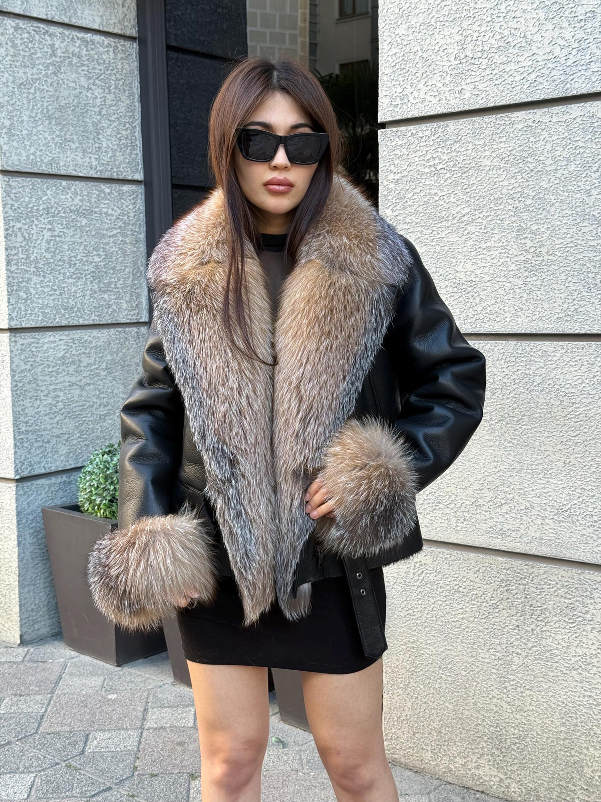 Black Women’s Shearling Coat, Handmade Lamb Short Front Fox Fur Jacket