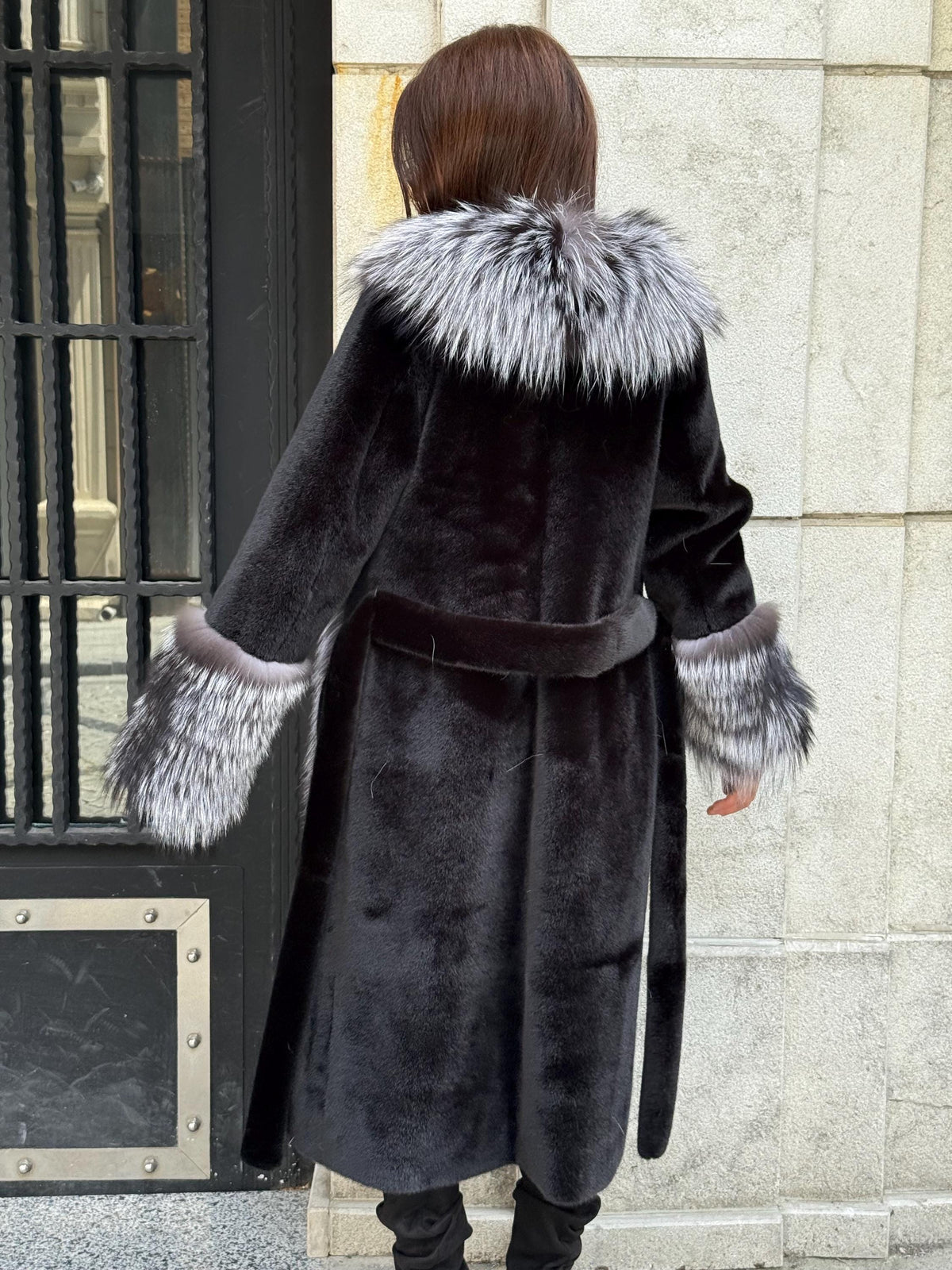 Black Long Alcantara Coat, Front&Cuffs Fox Fur Jacket.. Silver Frost Fox Fur Jacket./ Women Fox Fur Jacket