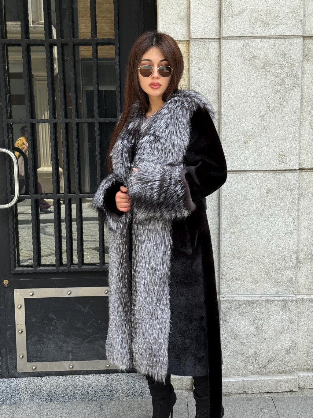 Black Long Alcantara Coat, Front&Cuffs Fox Fur Jacket.. Silver Frost Fox Fur Jacket./ Women Fox Fur Jacket