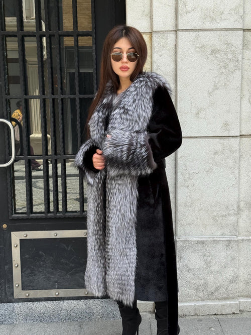 Black Long Alcantara Coat, Front&Cuffs Fox Fur Jacket.. Silver Frost Fox Fur Jacket./ Women Fox Fur Jacket
