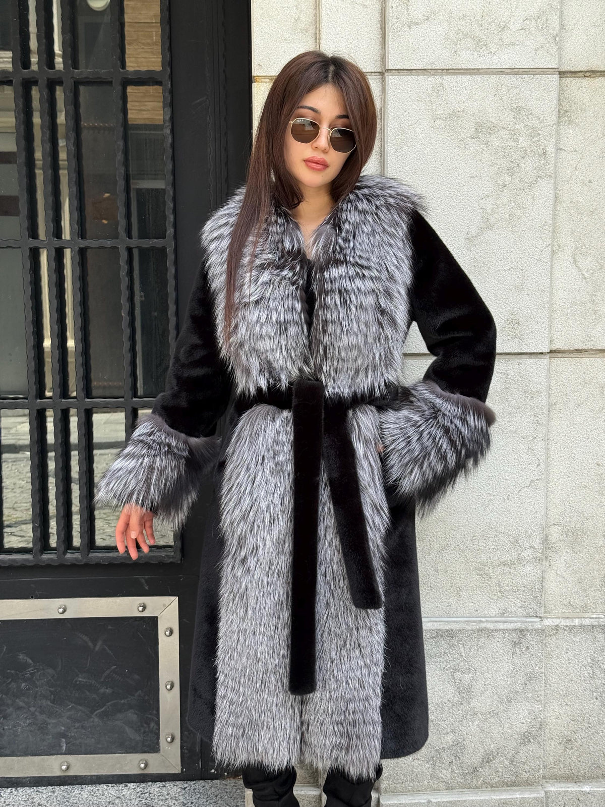 Black Long Alcantara Coat, Front&Cuffs Fox Fur Jacket.. Silver Frost Fox Fur Jacket./ Women Fox Fur Jacket