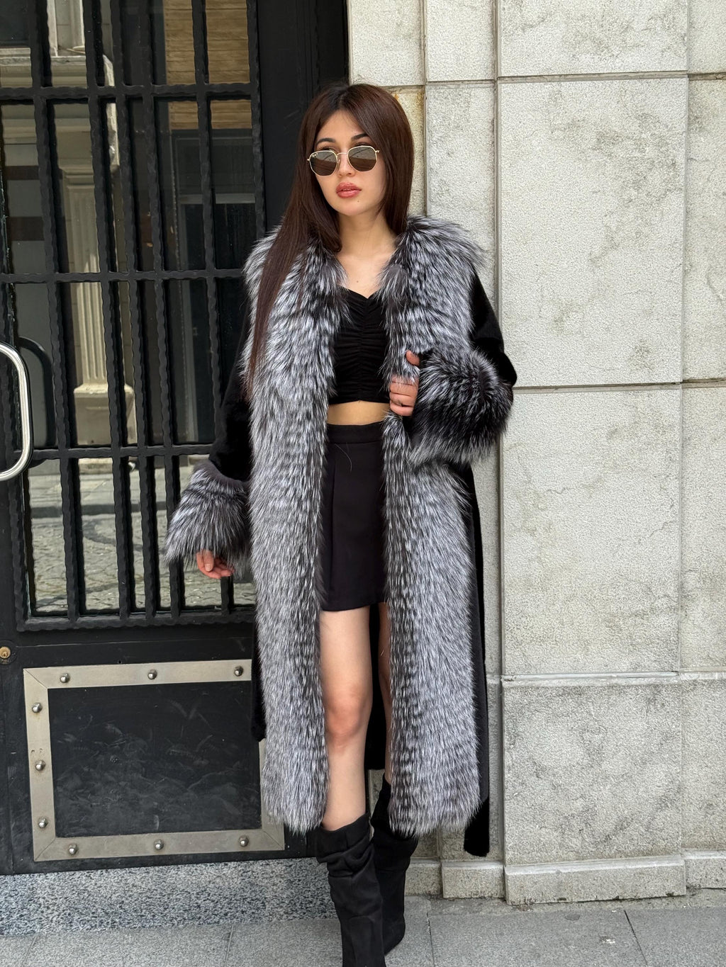 Black Long Alcantara Coat, Front&Cuffs Fox Fur Jacket.. Silver Frost Fox Fur Jacket./ Women Fox Fur Jacket
