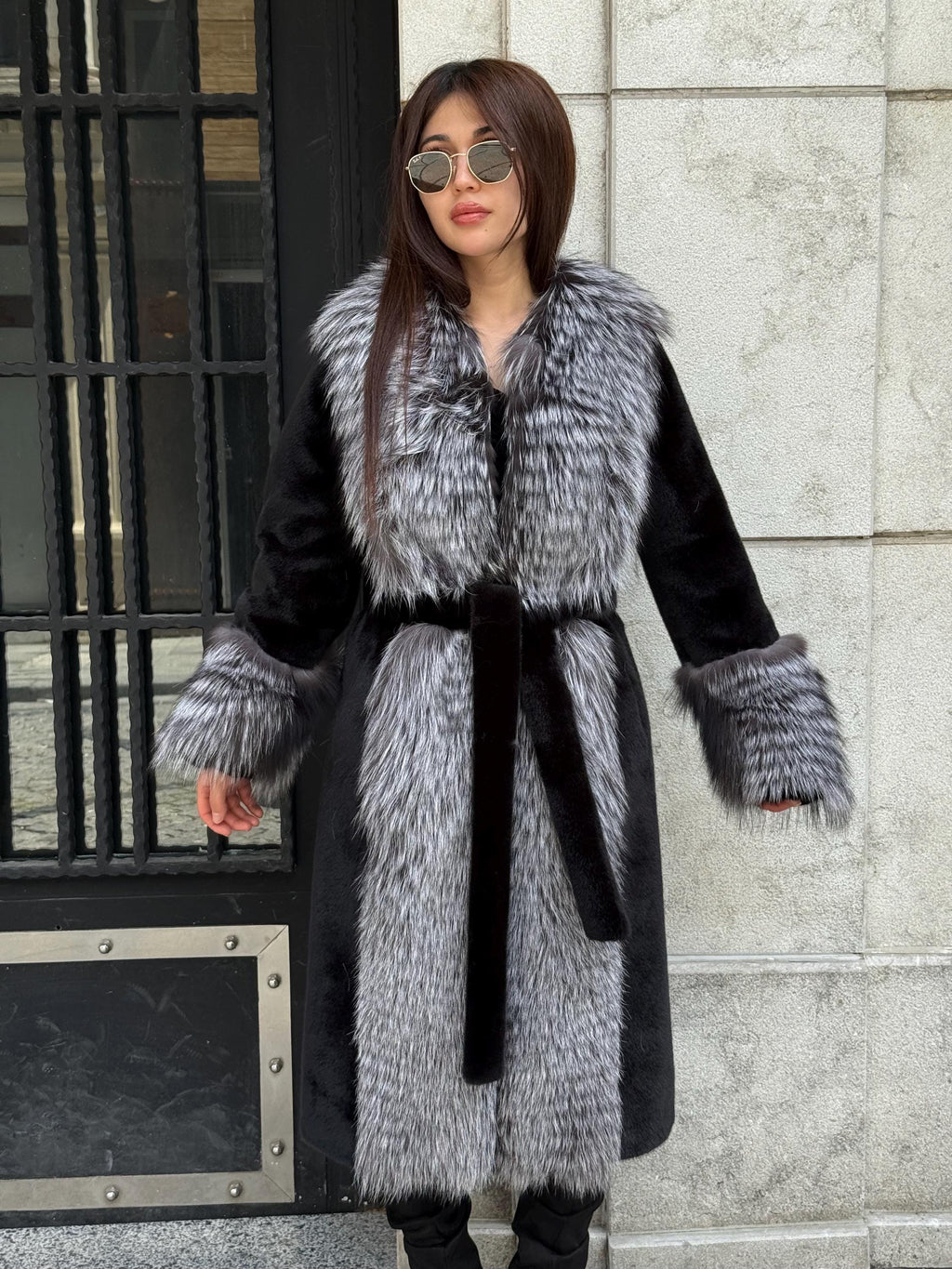 Black Long Alcantara Coat, Front&Cuffs Fox Fur Jacket.. Silver Frost Fox Fur Jacket./ Women Fox Fur Jacket