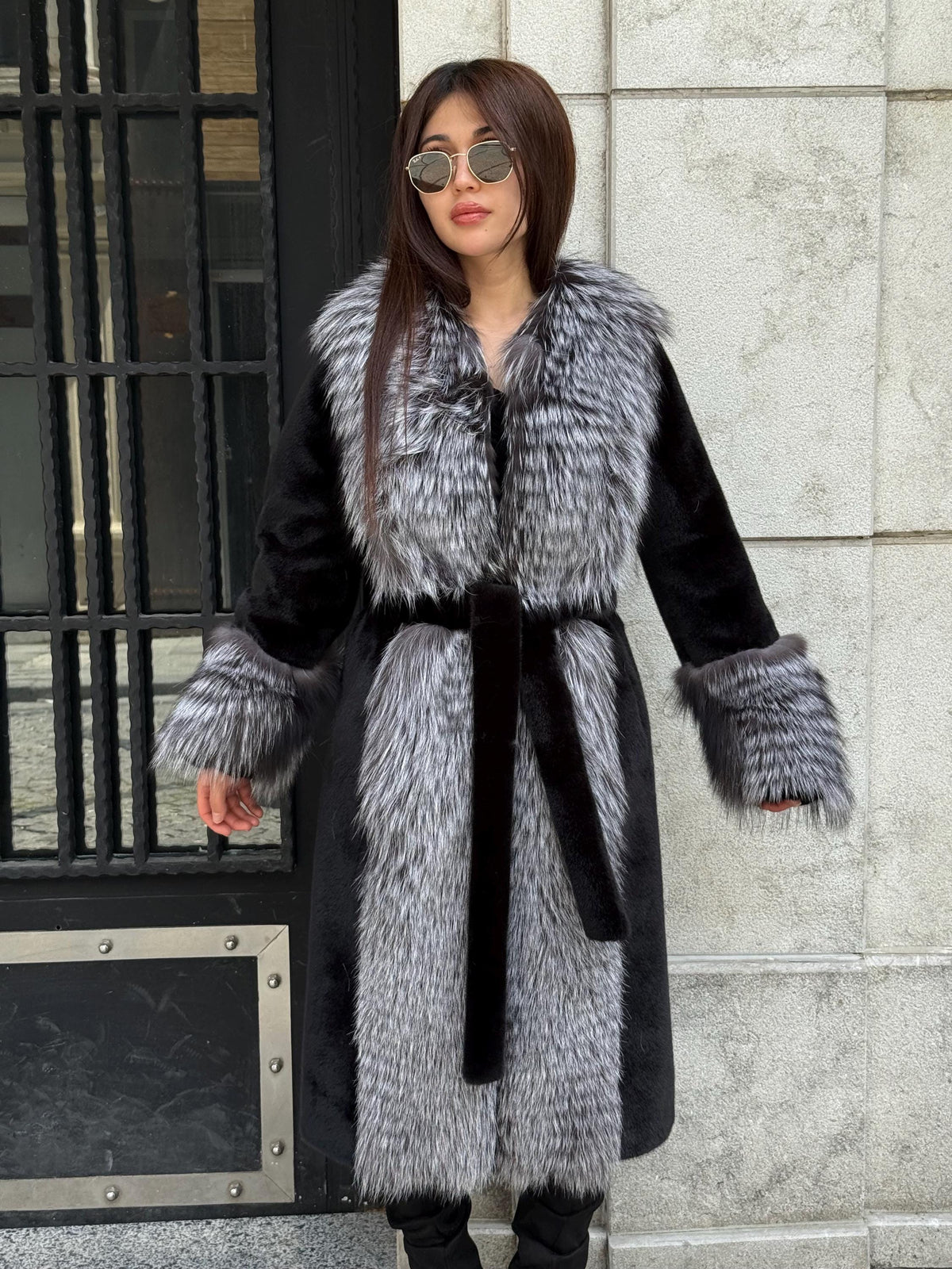 Black Long Alcantara Coat, Front&Cuffs Fox Fur Jacket.. Silver Frost Fox Fur Jacket./ Women Fox Fur Jacket