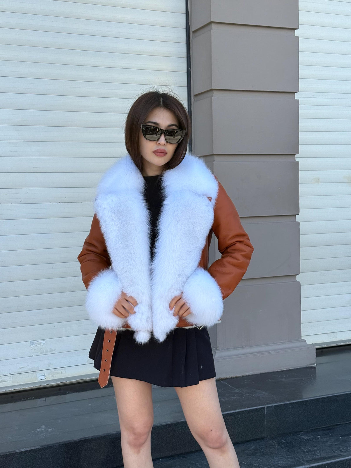 Copper Shearling Coat Women | Handmade Sheepskin Winter Jacket with Fox Fur | Genuine Slim Fit Pattern Shearling Coat | Luxury Fur Outerwear