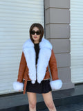 Copper Shearling Coat Women | Handmade Sheepskin Winter Jacket with Fox Fur | Genuine Slim Fit Pattern Shearling Coat | Luxury Fur Outerwear