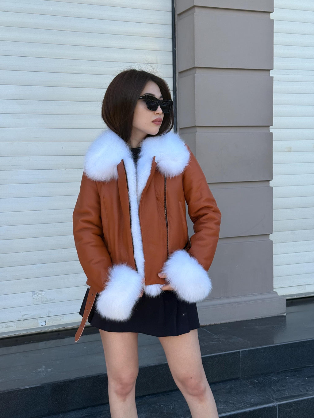 Copper Shearling Coat Women | Handmade Sheepskin Winter Jacket with Fox Fur | Genuine Slim Fit Pattern Shearling Coat | Luxury Fur Outerwear