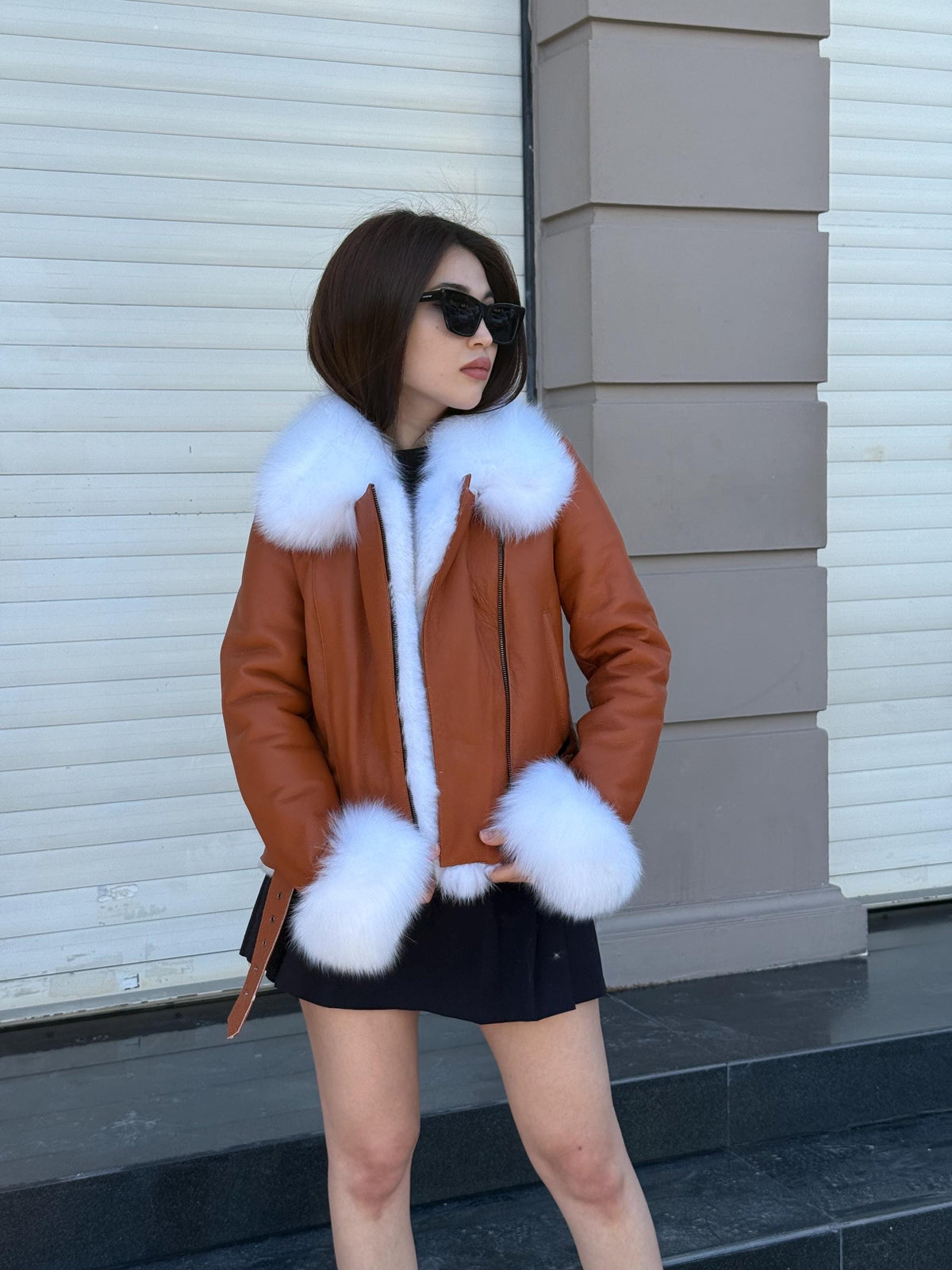 Copper Shearling Coat Women | Handmade Sheepskin Winter Jacket with Fox Fur | Genuine Slim Fit Pattern Shearling Coat | Luxury Fur Outerwear