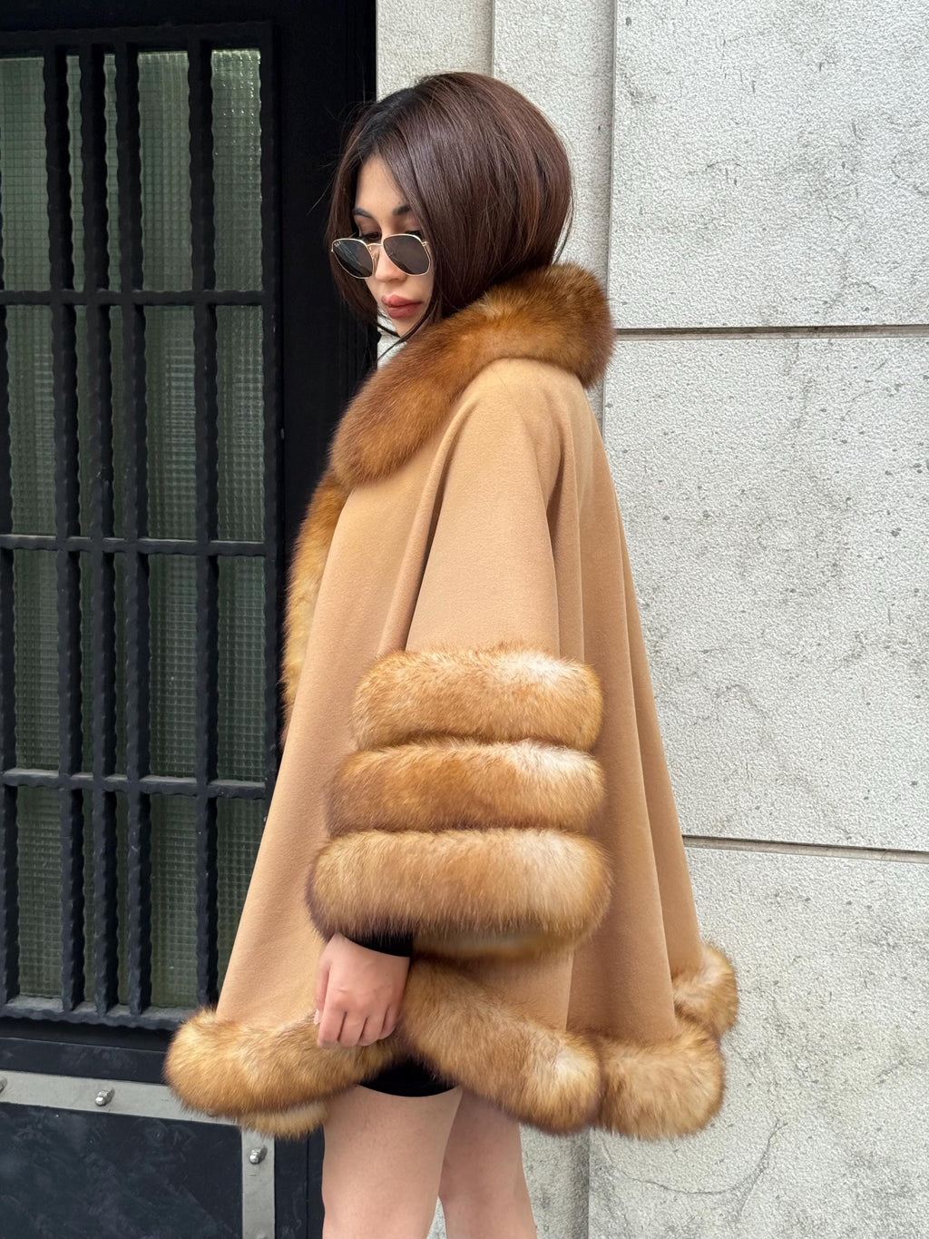 Camel Wool Cashmere Cape Coat with Fox Fur Trim – Luxury Handmade Winter Wrap, Elegant Oversized Shawl Poncho, Plus Size Cloak