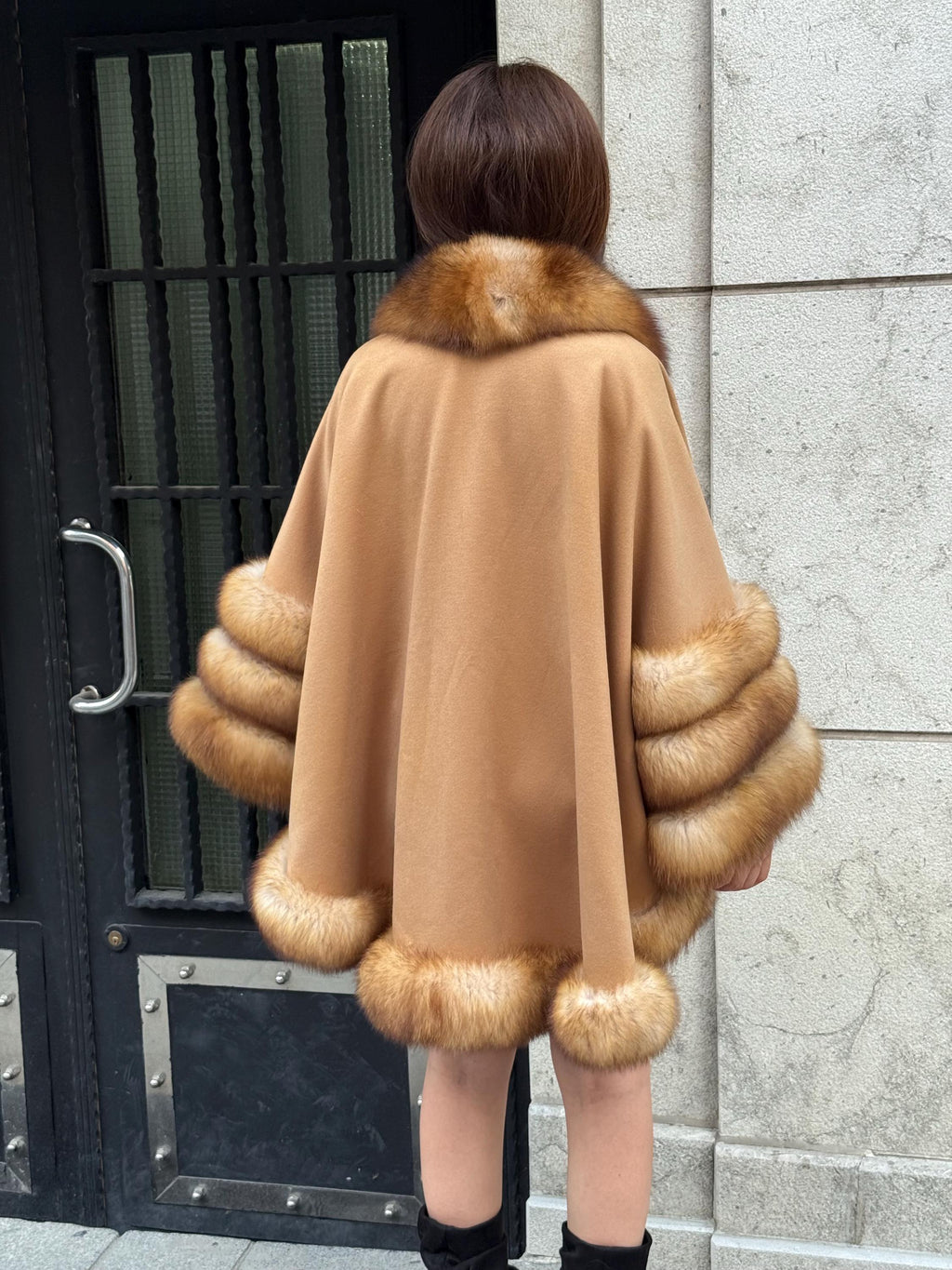 Camel Wool Cashmere Cape Coat with Fox Fur Trim – Luxury Handmade Winter Wrap, Elegant Oversized Shawl Poncho, Plus Size Cloak
