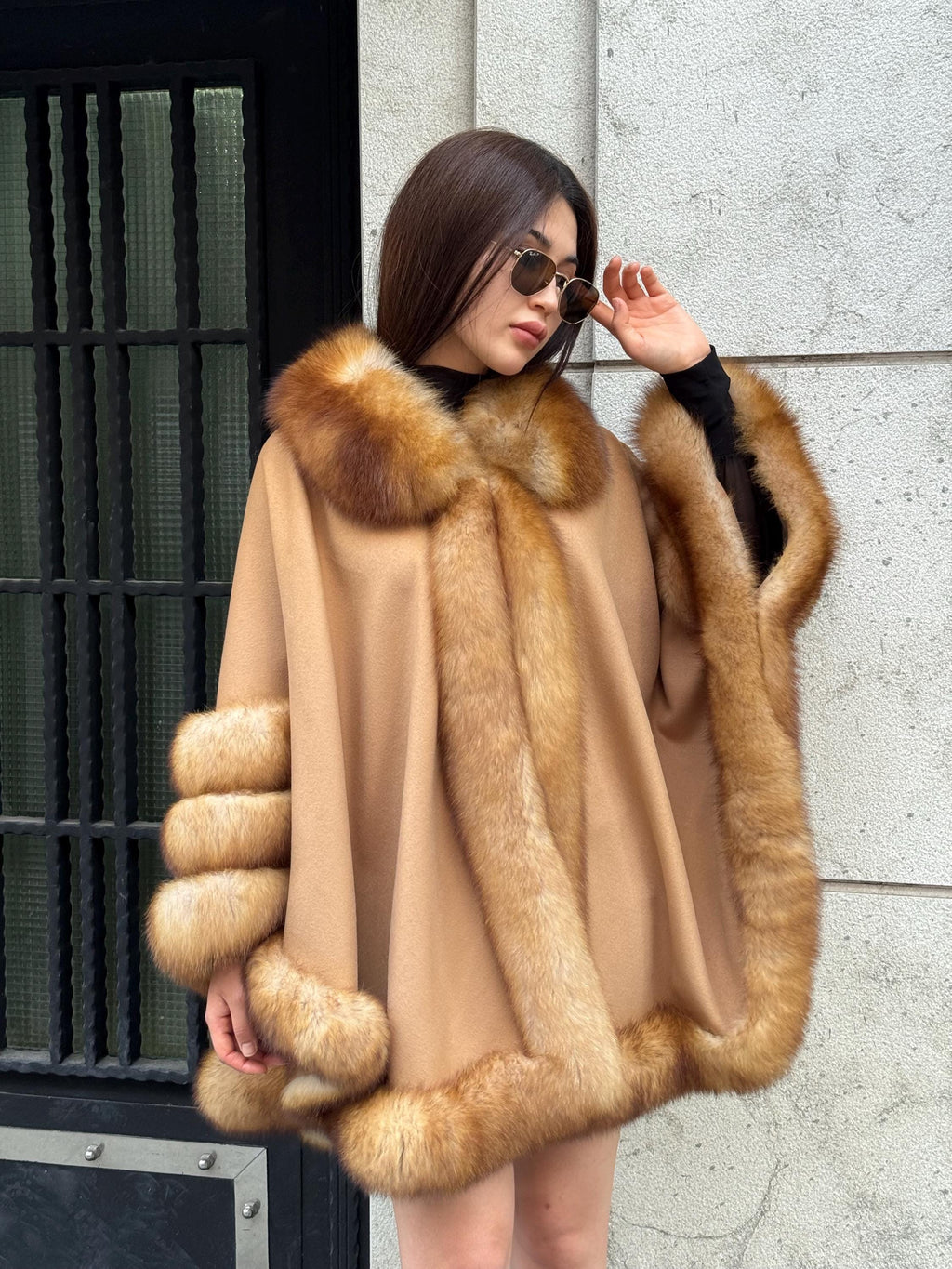 Camel Wool Cashmere Cape Coat with Fox Fur Trim – Luxury Handmade Winter Wrap, Elegant Oversized Shawl Poncho, Plus Size Cloak