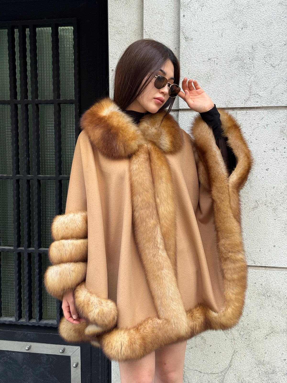 Camel Wool Cashmere Cape Coat with Fox Fur Trim – Luxury Handmade Winter Wrap, Elegant Oversized Shawl Poncho, Plus Size Cloak