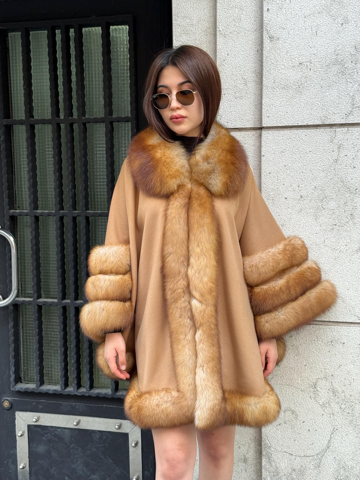 Camel Wool Cashmere Cape Coat with Fox Fur Trim – Luxury Handmade Winter Wrap, Elegant Oversized Shawl Poncho, Plus Size Cloak
