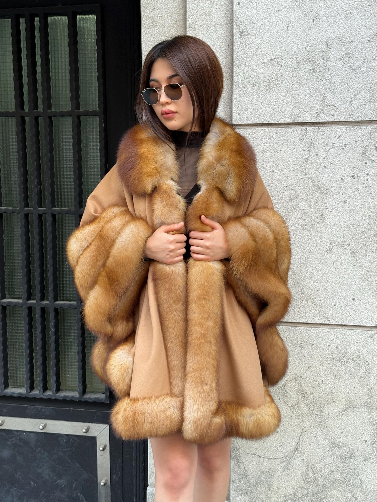 Camel Wool Cashmere Cape Coat with Fox Fur Trim – Luxury Handmade Winter Wrap, Elegant Oversized Shawl Poncho, Plus Size Cloak