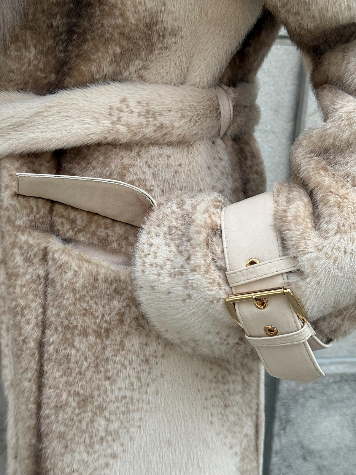 Beige Long Faux Mink Fur Coat, Collar Genuine Fox Fur Jacket. - Women Fox Fur Jacket.. Fox Fur