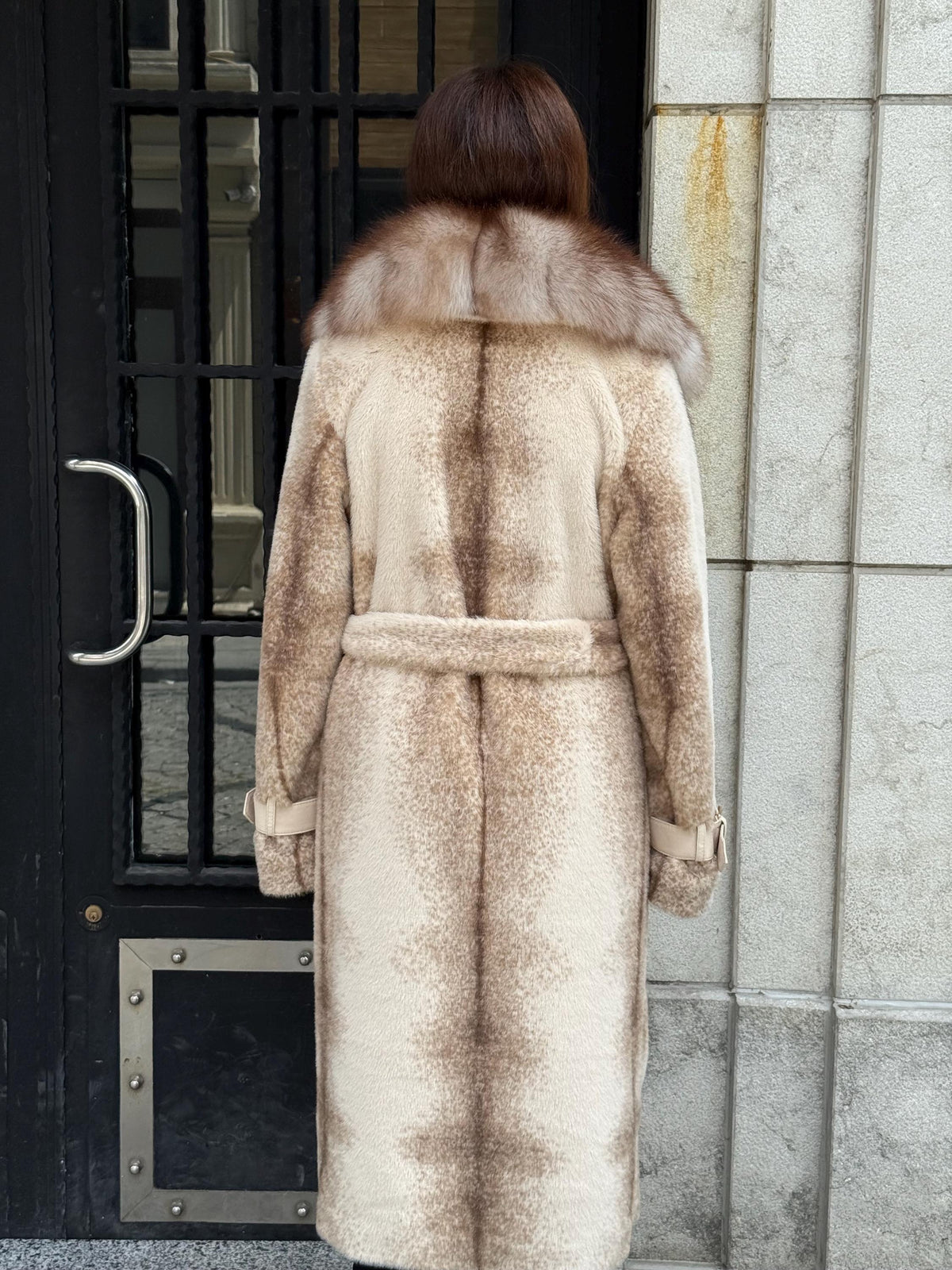 Beige Long Faux Mink Fur Coat, Collar Genuine Fox Fur Jacket. - Women Fox Fur Jacket.. Fox Fur