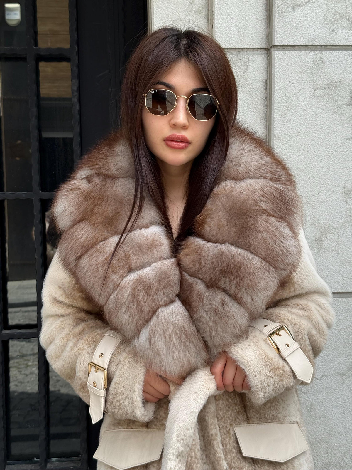 Beige Long Faux Mink Fur Coat, Collar Genuine Fox Fur Jacket. - Women Fox Fur Jacket.. Fox Fur