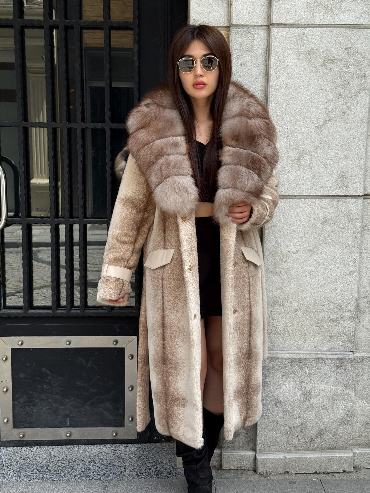Beige Long Faux Mink Fur Coat, Collar Genuine Fox Fur Jacket. - Women Fox Fur Jacket.. Fox Fur