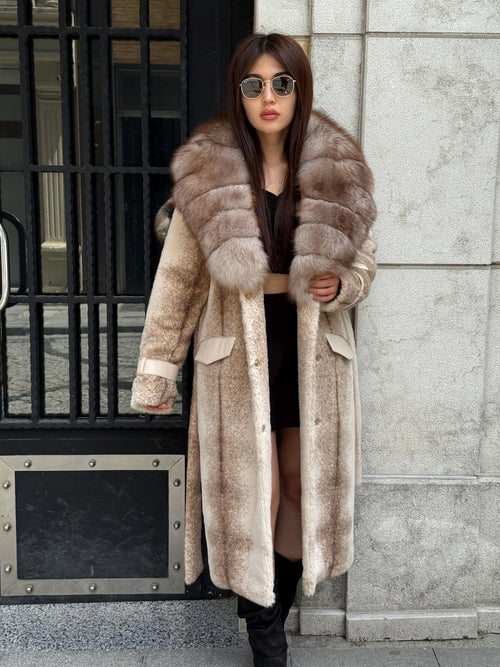 Beige Long Faux Mink Fur Coat, Collar Genuine Fox Fur Jacket. - Women Fox Fur Jacket.. Fox Fur