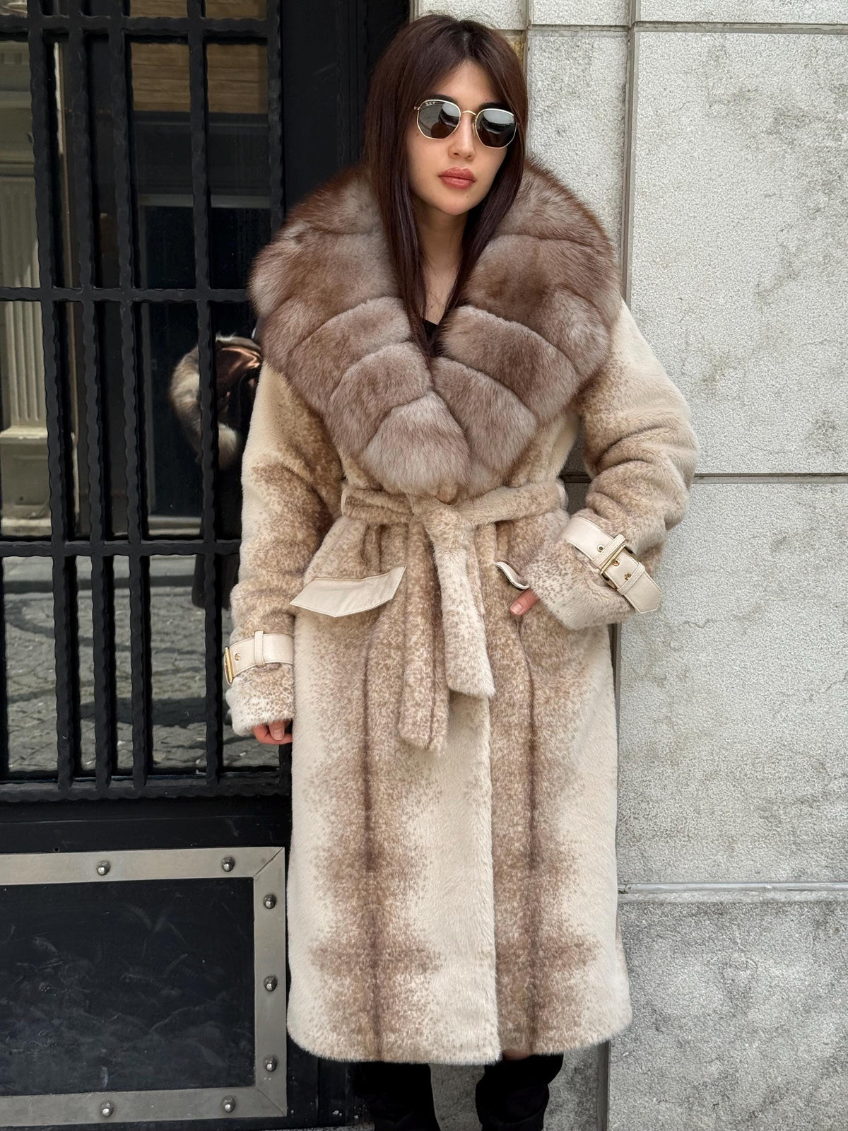 Beige Long Faux Mink Fur Coat, Collar Genuine Fox Fur Jacket. - Women Fox Fur Jacket.. Fox Fur