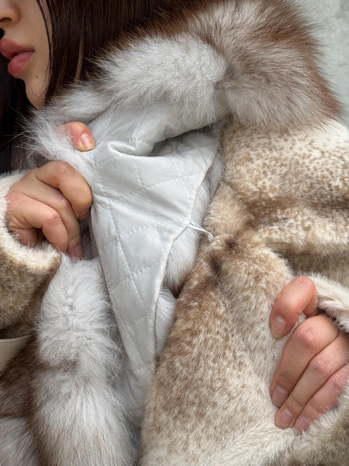 Beige Long Faux Mink Fur Coat, Collar Genuine Fox Fur Jacket. - Women Fox Fur Jacket.. Fox Fur