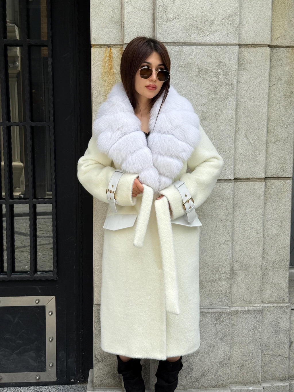 White Long Alcantara Coat, Collar - White Shadow Fox Fur Jacket, - Women Fox Fur Jacket… Fox Fur Jacket