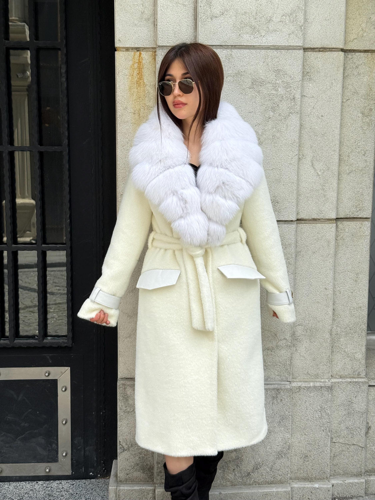 White Long Alcantara Coat, Collar - White Shadow Fox Fur Jacket, - Women Fox Fur Jacket… Fox Fur Jacket