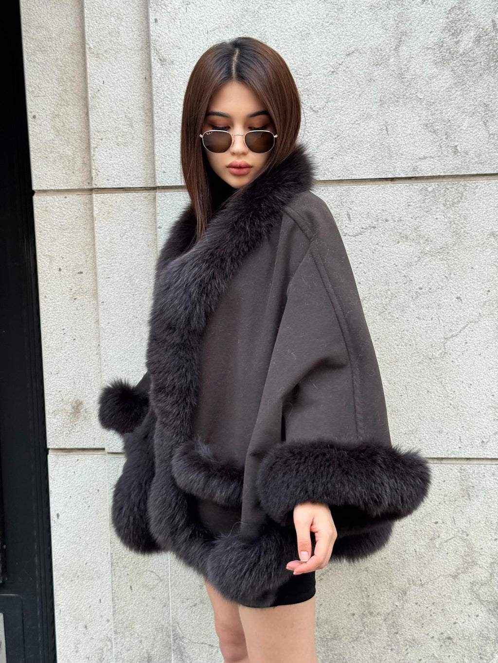 Black Cashmere Cape , Front Pocket - Fox Fur Jacket, Handmade Wool Shawl,